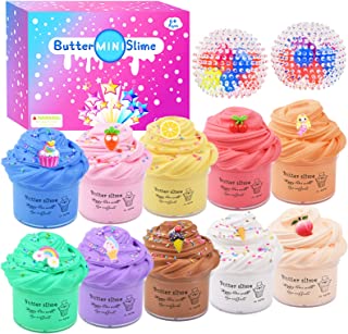 12 pack Fluffy Slime Kit, with 2 Stress Relief Balls, Unicorn,Cake Animal Candy and Fruit Butter Slime Making Kit,Super Stretchy and Non-Sticky,Educational Stress Relief Slime Toys for Girls Boys