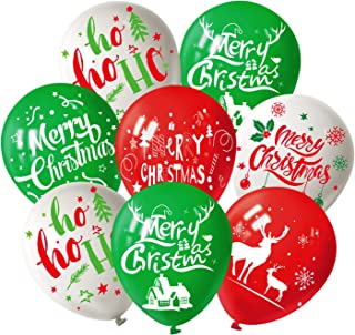 FEPITO 25Pcs Christmas Party Balloon 12 Inch White Red and Green Latex Christmas Balloons, 6 Merry Xmas Style for Christmas Decoration Party Supplies