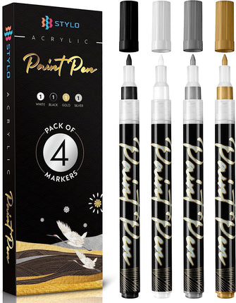 Stylo Metallic Acrylic Paint Pens - White, Black, Gold and Silver Permanent Acrylic Markers for Christmas Cards, Glass, Ceramic, Rock Painting, Arts and Crafts for Adults (Pack of 4)
