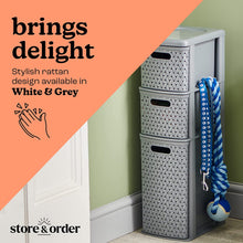 Store & Order Slimline 3 Drawer Tower - Slim & Narrow Plastic Drawers, Perfect Storage Unit for Bathroom, Hallway, Office, Wardrobe or Utility Room, Grey Rattan Design