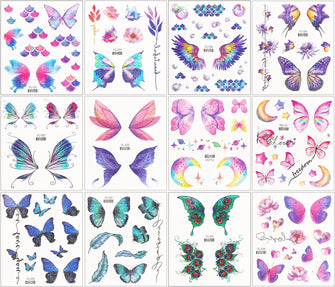 Temporary Tattoos, Wings Butterfly Tattoo Stickers 12 Sheets Tattoos for Kids Girls Boys, Waterproof and Sweatproof Tattoo Sticker Kids Tattoo, Good Breathability Ideal for Birthday Party