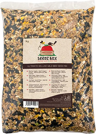 Bird Seed Food For Small Wild Garden Birds 1kg - Seedzbox Deluxe Grain & Nut Blend Mix - Natural Feed For Robins Blackbirds and Sparrows - Millet Peanut Fats and Fibres