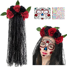 YHmall Halloween Rose Flower Crown Headband with Veil Headwear Headpiece Party Costume Accessories Hair Band for Day of The Dead Women Girls Mexican Headdress Tattoo Stickers