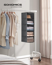 SONGMICS Hanging Wardrobe Storage Organiser, Hanging Storage Shelves, Wardrobe Clothes Organiser, Space-Saving and Foldable, Metal Hooks and Bamboo Inserts, Linen Pattern, Grey RYCH06G