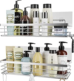 Orimade Shower Caddy with 5 Hooks for Hanging Razor and Sponge Adhesive Shower Shelf Bathroom Accessories Organiser Storage Kitchen Rack No Drilling Stainless Steel - 2 Pack