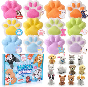 Tacobear 12pcs Paw Bath Bombs for Kids with Puppy Toys Non-Inside, Organic Natural Bath Bombs Gift Set with Pendant Bath Fizzies with Fruit Flower Scents Surprise Birthday Gift for Kids Boys Girls