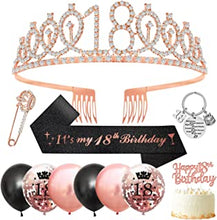 18th Birthday Gifts for Girls,18th Birthday Sash and Tiara Girls 18th Birthday Decorations,Tiara Rhinestone Crown,Glitter Sash,Black Rose Gold Balloons,Cake Topper,Keyring for Happy 18 Party Favor