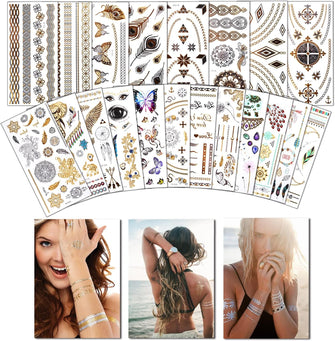 Temporary Tattoos for Women (20 Sheets Waterproof Festival Tattoos), Gold Tattoo Stickers, (400+ Designs, Temporary Tattoo Festival) Fake Tattoos for Girls, Women by AniSqui