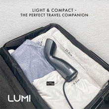 LUMI  Handheld Clothes Steamer For Home & Travel  UK Plug  105ML Tank Capacity  Fast 25s Heat-Up  Jug, Brush & Travel Bag  2 in 1 Travel Iron & Portable Steamer  Mini Hand-Held Clothes Steamer