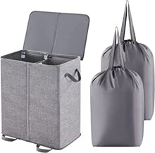 Lifewit Double Laundry Hamper with Lid and Removable Laundry Bags, Large Collapsible 2 Dividers Dirty Clothes Basket with Handles, Grey