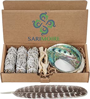 Sarimoire Sage Smudge Kit - White Sage Smudge Sticks - 4in ~ Abalone Shell 5-6in ~ 2in Tripod Stand ~ 9-12in Feather and White Sand