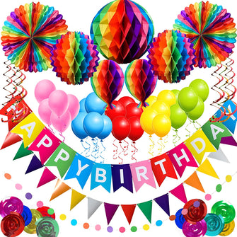 Premium Reusable Colourful Party Decorations + 25 Balloons, Happy Birthday Decoration, Banner Pack + 25 Extra Strong Balloons for kids, Adults, Girls and Boys by Hampstead Products.