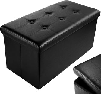 Nyxi Faux Leather 76  38  38cm Black Ottoman Foldable Storage Boxes Seat Foot Stool Storage Box with Lids for Kids Toys, Bedroom, Hallway, Living Room