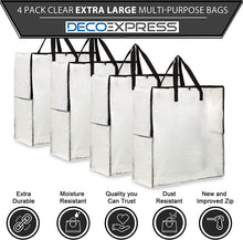 DECO EXPRESS Laundry Bags, Heavy Duty Jumbo Garage, Attic Or Underbed Storage Solutions For Clothes, Bedding, Duvet, Pack Of 4 Extra Large Clear Bags With Zip For Dust Protection When Moving Houses