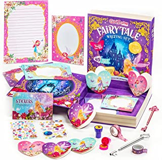 GirlZone Fairytale Writing Set, 45-Piece Stationery Set for Girls with Cards, Stickers, Stampers, Writing Paper and Envelopes Kids in a Storybook Box, Magical Letter Writing Set and Great Gift Idea