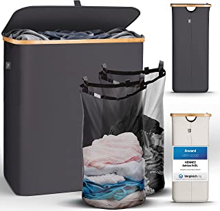 HENNEZ 140L Bamboo Grey Laundry Basket with Lid - Laundry Hamper With Removable Bags - Double Laundry Basket With Handles - Dirty Clothes Basket Washing Baskets for Laundry - Wash Baskets Laundry Bin