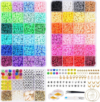 9600Pcs Clay Beads Bracelet Making Kit, 48 colors 3 Boxes Flat Round Polymer Clay Beads Spacer Heishi Beads with Smiley Face Beads Pendants Charm Kit for DIY Jewelry Making Bracelets Necklace Earrings