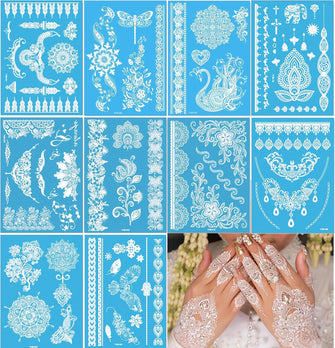 Temporary Tattoos 10 Sheet For Women Girls Mandala Flower Tattoo Stickers Indian White Lace Tattoo,Waterproof Removable Fake Tattoo Festival For Body Art (white-10pcs)