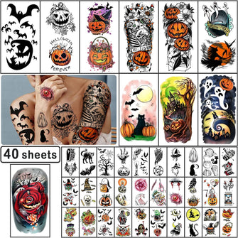 Yazhiji 40 Sheets Halloween Temporary Tattoos Pumpkin Witch Sugar Skull Tattoo Family Set Tats for Women Men Boys and Girls