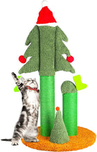 iPower 32” Cat Scratching Post, Tall Christmas Tree Cat Scratcher with 3 Posts and Cute Dangling Teaser Balls, Natural Sisal Rope Cat Toys for Kitty and Adult Cats