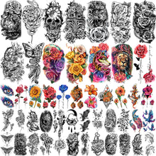 Metuu 49 Sheets Black Half Sleeve Waterproof Temporary Tattoo for Adult Men and Women, 3D Flower Animal Fake Tattoo Stickers for Teen Girls Body Hand Shoulder Chin Neck