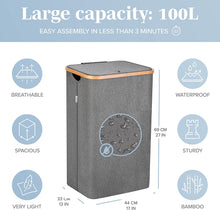 Lonbet - Laundry Baskets with Lid Grey - XL 100 L - Washing Baskets for Laundry with Laundry Bags - Hamper Basket for Bedrooms - Bamboo Laundry Hamper - Dirty Clothes Laundry Bin