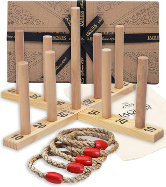 Jaques of London Quoits Garden Games  Outdoor Games  5 Rope Quoits Ring Toss Game  Wooden Quoits Set  Family Lawn Games  9 Pin