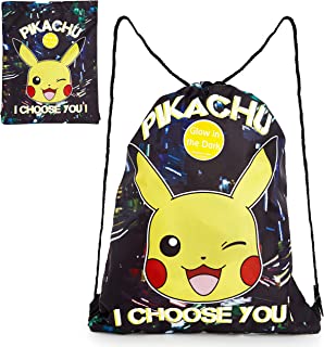 Pokemon Drawstring Bag, PE Gym Bag, Swimming and Sport Sack, Glow in the Dark Bag featuring Pikachu, Lightweight Black String Sack for Kids and Adults, Pokemon Gifts