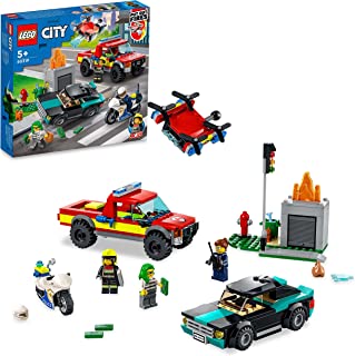 LEGO 60319 City Fire Rescue & Police Chase with Truck, Motorbike and Car Toys, Gifts for Boys & Girls 5 plus Years Old, Emergency Vehicles Rescue Set