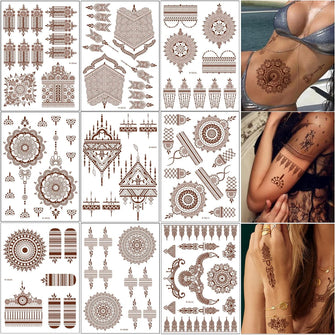 Temporary Tattoo Brown Red 3D Mandala Flower Tattoo Stickers Indian Lace For Hands Arm Neck Body Art Waterproof Fake Tattoos Kit For Women Girls Wedding Party Festivel Eid Al-Fitr Supplies (9 Sheets)