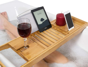 Relux Premium 100% Natural Bamboo Bath Caddy Bridge  Extendable Luxury Book Rest, Wine Glass Holder, Device (Tablet, Kindle, iPad, Smart Phone) Tray for a Home-Spa Experience  Fits Most Bath Sizes