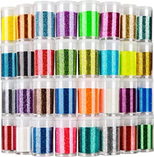 Fine Glitter, Set of 32 Colors, LEOBRO Multi Purpose Glitter Powder for Arts, Crafts, Epoxy Tumblers, Decoration Weddings Cards Flowers, Scrapbooking, Body, Face, Nail