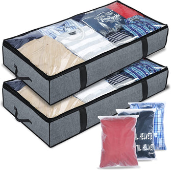 Mintry 90L underbed storage boxes- Pack of 2 Large under bed storage box with 3x Bonus Large Zip lock Bags- Clothes storage boxes with lid & PVC Window For Quilts, Blankets & Clothes