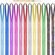 Cozlly 3120 Strands Glitter Hair Tinsel Extensions, 12 Colors Colored Hair Extensions, 37 inches Holographic Sparkle Shiny Straight Hair Extensions, Tinsel Straight Hair Accessories for Women Girls