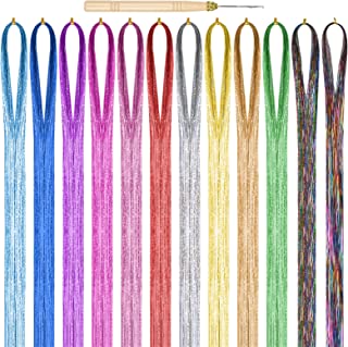 Cozlly 3120 Strands Glitter Hair Tinsel Extensions, 12 Colors Colored Hair Extensions, 37 inches Holographic Sparkle Shiny Straight Hair Extensions, Tinsel Straight Hair Accessories for Women Girls