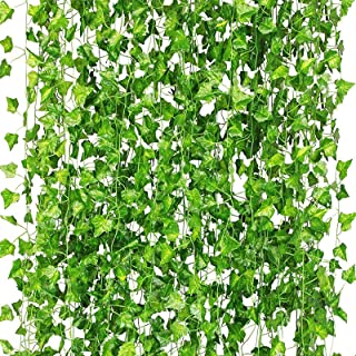 Cqure Artificial Hanging Plants, Fake Ivy Leaves, Garland - Gifts for Party, Garden, Wedding, Wall, Home Décor 40 Feet / 12.2 Metres, 450 Leaves, 12 Pieces of Ivy 5 PCS Green