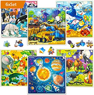 Wooden Jigsaw Puzzles for Kids Ages 3 4 5-6 x 30 Pieces Set - Boys and Girls Toys Age 5-8 - Games for Learning Solar System and Animals - Educational Gift for Children - Frame Jigsaws