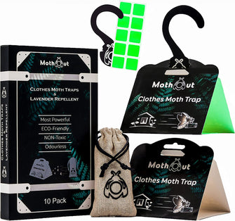 MothOut 10 Pheromone Clothes Moth Traps, Carpet Moth Killer + Lavender Moth Repellent for Wardrobe Protection + 10 Lighting Plates, Odourless Sticky Cloth Moths Trap, Safe Home Anti Moth Treatment
