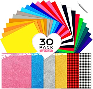 CHEPULA HTV Heat Transfer Vinyl Bundle 30 Pack, 12" x 10" Glitter Colors Permanent Iron on Vinyl for Cricut, HTV Vinyl Sheets for DIY T-Shirt, Clothes, Hats and Other Textiles(30 Sheets)