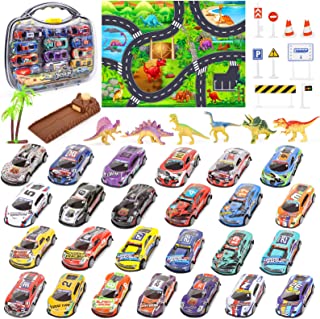 Vanplay Toy Cars Pull Back Cars with Dinosaur Toys, Carry Case and Play Mat, Mini Racing Car Toys for 3+ Year Old Boys Girls 43PCS