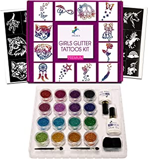 Ingala PREMIUM Glitter Tattoo Kit for Girls | Unique Professional Glitter Tattoos for Kids and Adults | 74 Amazing Glitter Tattoo Stencils | 2 XL (15ml) Glitter Tattoo Glue