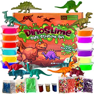 DS Brands Dinosaur Slime Kit - Clear DIY Cloud Butter Fluffy Slime Making Kit For Boys Girls with Glow in Dark Accessories and Mini Dinosaurs Gift Set| Sensory Toys Stocking Fillers For Boys, Kids