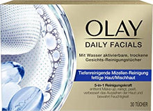 OLAY Daily Facials Cleansing Wipes for Oily Skin/Combination Skin, Water Activated, Dry Facial Cleansing Wipes, 5-in-1 Face Care, Make-Up Wipes, Facial Cleansing, Exfoliating