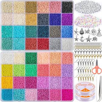 HONGTEYA 35000 Pcs Glass Seed Beads, 48 Colors Seed Beads for Jewellery Making Kit with Letter Beads 0.5mm Elastic String, for DIY Bracelets Necklaces Jewellery Making Kit (2mm)
