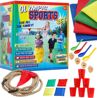 Outdoor Games for Kids and Adults, 6 in 1 Garden Games PE Sports Day Sack Race Flying Disc Tug of War Bean Bag Race Tin Can Alley Egg and Spoon Race