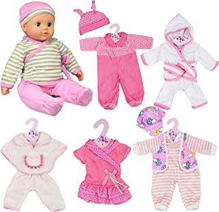 The Magic Toy Shop Bibi Doll - Set of 6 Dolls Clothes Outfits for 12 to 16 Inch New Born Baby Dolls - Rompers Pink Dress Bathrobe (Design 1)