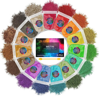 Miltin Crafts Mica Powders - 15 Vibrant Colours (5g/Bag) for Epoxy Resin Pigment, Wax Melts, Makeup, Lip Gloss, Candles, Bath Bombs, Nail Art, Soap & Slime