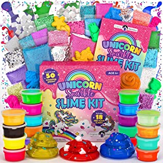 Original Stationery Unicorn Sparkle Slime Kit, 50-Piece Fluffy Slime Already Made Kit with 18pcs Pre-Made Fluffy Slime, 8 Moulds, and Tons of Fun Add-Ins, Great Gift Idea and Slime Kits for Girls