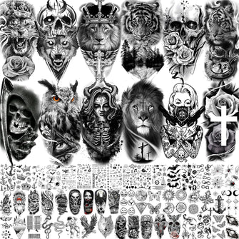 Moheer 63 Sheets Black Temporary Tattoos For Women Men Adults, Realistic Gangster Skull Lion Wolf Tiger Owl Temp Tattoos Arm Sleeve, Bulk 3D Fake Tattoos That Look Real And Last Long Gothic Body Art
