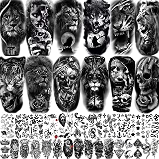EGMBGM 39 Sheets 3D Lion Tiger Skull Temporary Tattoos For Men Women, Cool Black Realistic Fake Tattoos Temporary For Adults Boy Girl, Forearm Sleeve Temp Tattoo Sticker Arm Neck Leg Tatoos Halloween